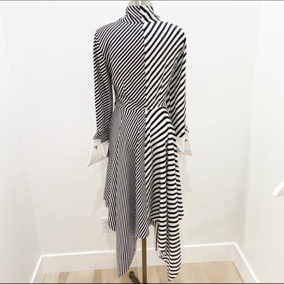 MONSE Asymmetric Striped Silk Twill Bow Tie Midi Dress In White Black Size 2 - Picture 10 of 14